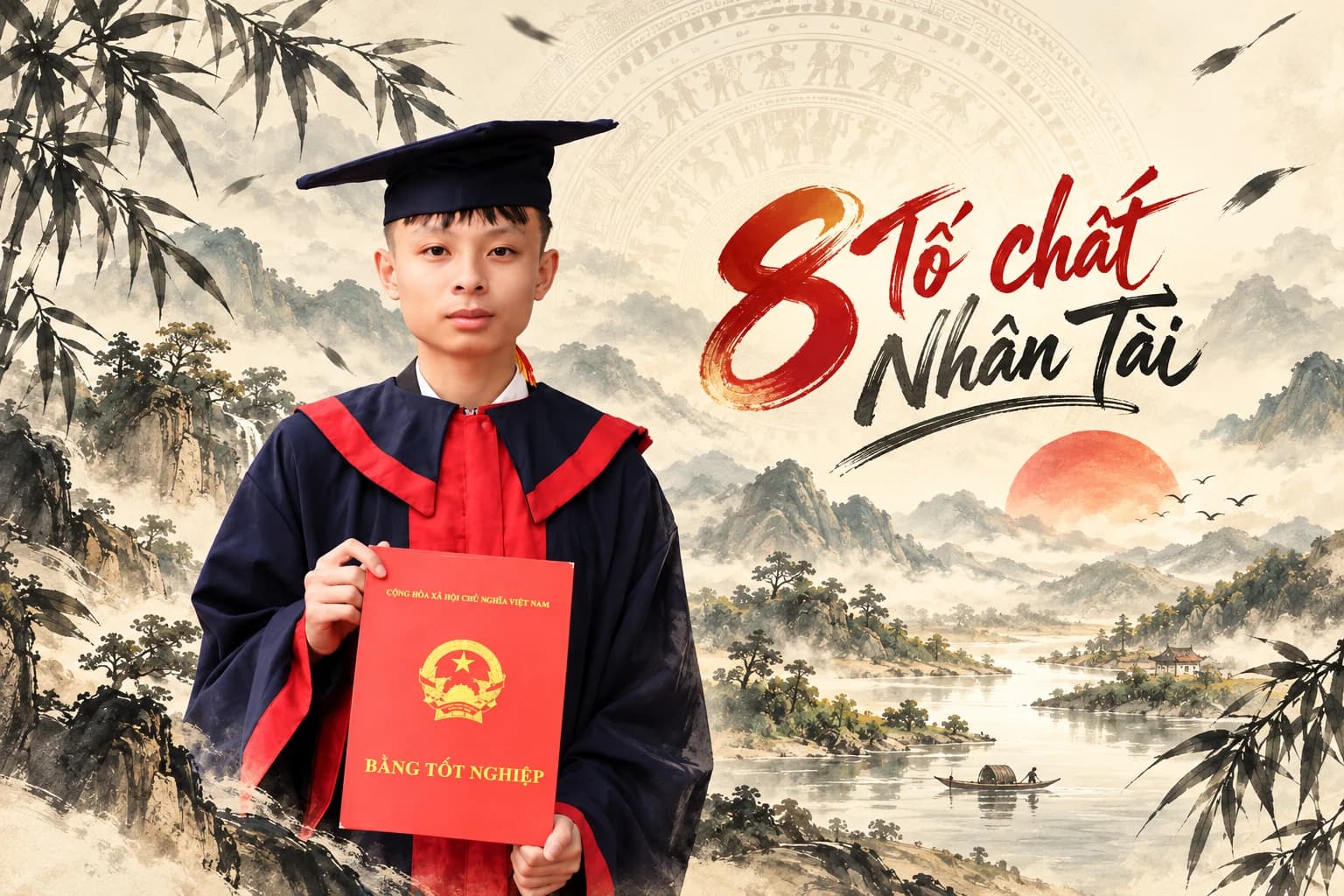 Minh Hiếu mặc lễ phục tốt nghiệp giữa khung cảnh sơn thủy, bên dòng chữ 8 tố chất nhân tài